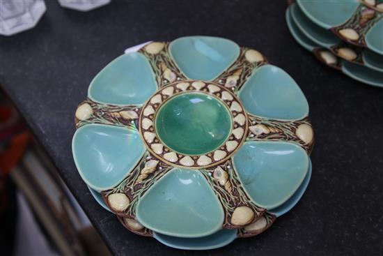 A set of five Minton majolica oyster plates, date stamp for 1867, diameter 23cm